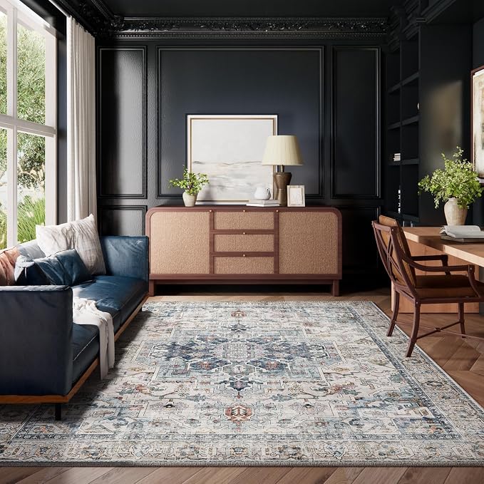 10x14 Area Rugs for Living Room: Washable Bedroom Rug Boho Vintage Rugs Stain Resistant Non Slip Low Pile Soft Lightweight Carpet for Kitchen Dining Room Farmhouse Nursery Kids Room Home Office