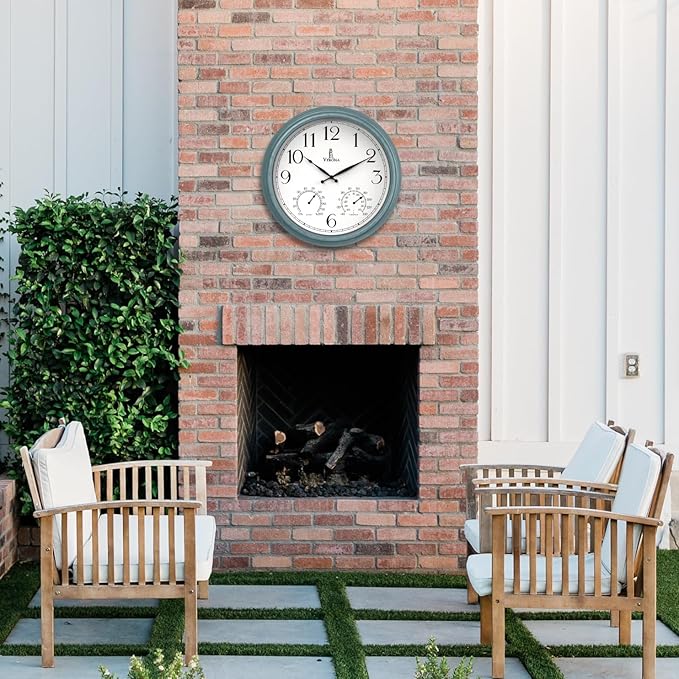 18 inch Outdoor Clocks for Patio Large Waterproof with Thermometer - Teal Blue Outdoor Clock with Temperature and Humidity for Wall - Weatherproof, Accurate & Easy to Read for Pool, Patio & Garden