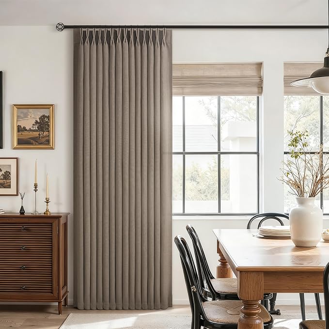Dark Flax Pinch Pleated Curtains 100 Inches Long for Living Room 2 Panels Sets Stone Washed Linen Earth Tone Decor Memory Trained Back Tab Boho Neutral Greige Earthy Sheer Curtain for Bedroom