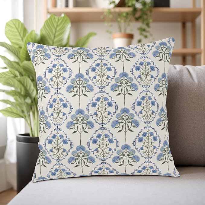 Pack of 2 Floral Pillow Covers Spring Summer Vintage Throw Pillow Covers 22x22 Blue Green Boho Flower Block Print Pillow Cases Hydrangea Farmhouse Cushion Case for Home Sofa