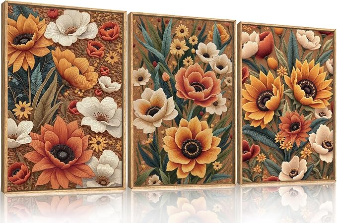BICERE Large Boho Flower Botanical Framed Canvas Wall Art,Abstract Floral Wall Decor,Embroidery Plant Wall Painting,Bloom Wildflower Artwork for Living Room,Bedroom,Dining Room,Office -24"x36"x3