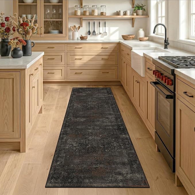 Black Kitchen Runner Rug 2x6 Washable Non Slip, Volcanic Charcoal Stain Resistant Low Pile Rug with Lava Red Accents for Hallway Entryway Bathroom Laundry Room