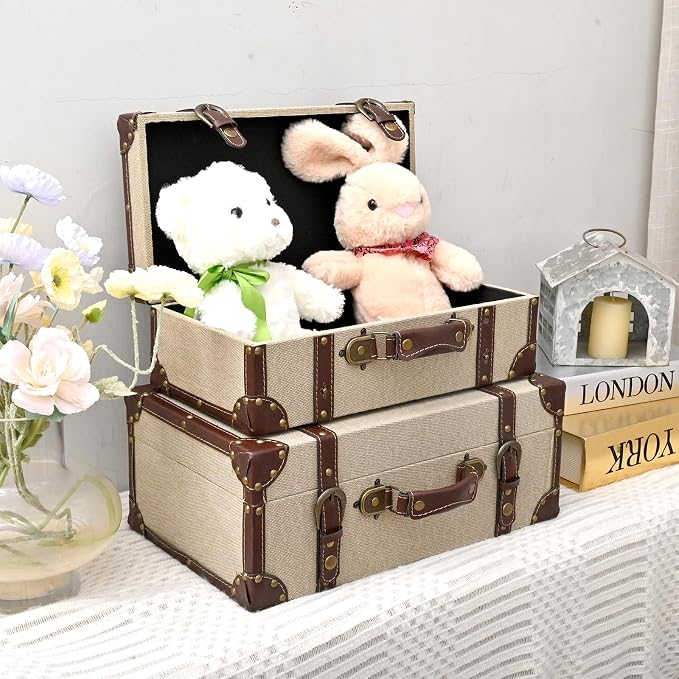 DDECOR4SEASON Set of 2 Decorative Vintage Storage Trunks, Natural Canvas Wrapped Wood Keepsake Boxes with Faux Leather Trim and Antique Accents, Stackable Nesting Chests for Home Décor