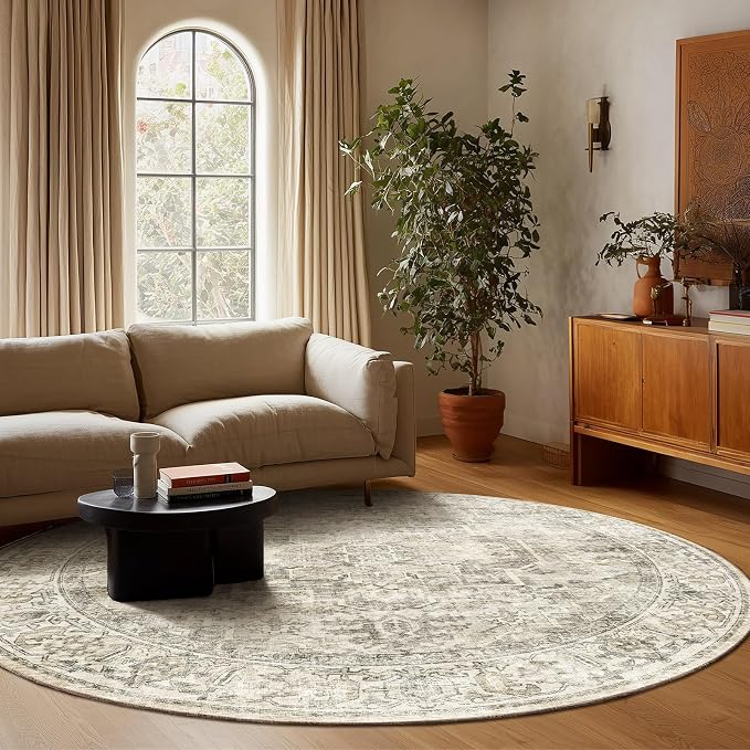 6ft Washable Round Rugs for Bedroom: Circle Living Room Rug Vintage Non Slip Low Pile Soft Faux Wool Non Shedding Boho Circular Rug for Entryway Kitchen Bathroom Office College Dorm Nursery Indoor