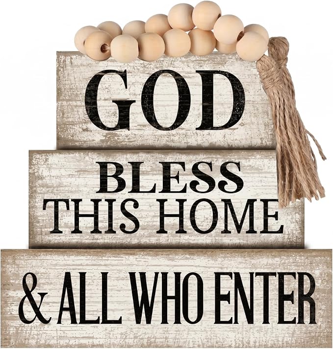 Moucuny 4 Pcs Christian Table Decor Rustic Wooden Block Sign Set with God Bless This Home & All Who Enter Farmhouse Stacked Decor with Beaded Garland Tassel Christian Home Decors for Office, Shelf