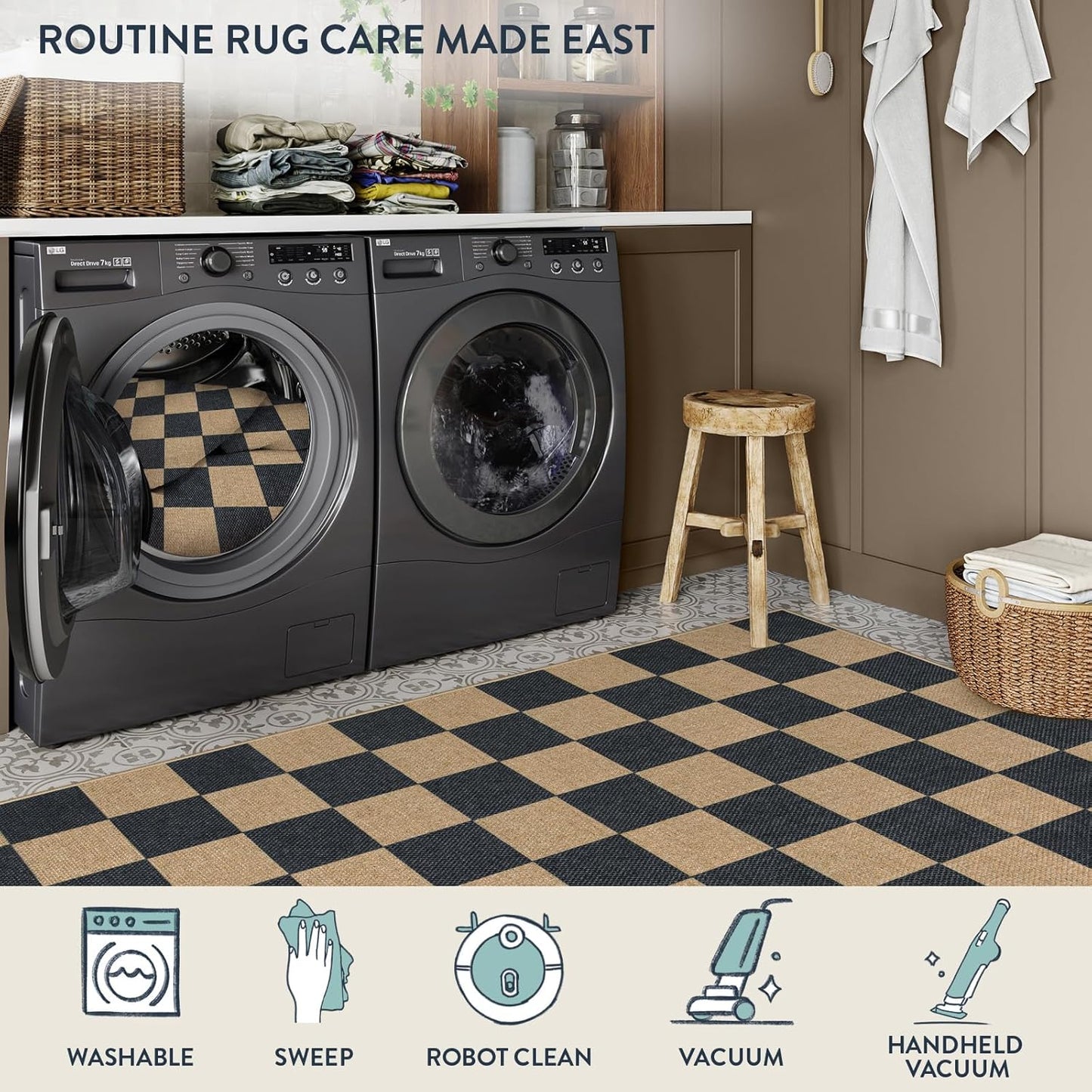 Lahome Checkered Easy Jute Carpet, Washable Area Rug 6x9 Neutral Outdoor Patio Rug, Farmhouse Checkerboard Non Slip Non Shedding Floor Carpet for Dining Living Room Deck Sunroom