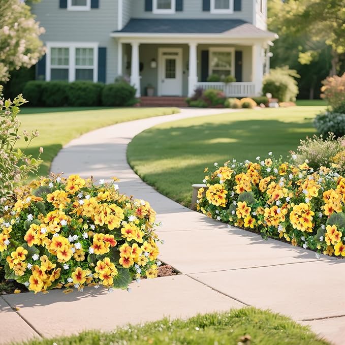 Ouddy Decor 18'' Artificial Geraniums Flowers for Outdoors, 10 Bundles Mixed Fake Silk Flowers Plastic Plants UV Resistant for Summer Garden Porch Patio Planter Home Decor, Yellow