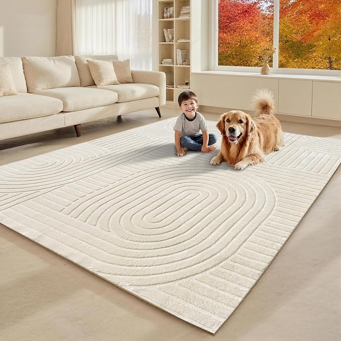 Beige Solid Area Rug 8x10 – Large Washable Soft Indoor Rugs for Living Room Bedroom, Modern Geometric Bohemian Pattern High-Low Pile Textured Carpet for House Apartment, Home Office Decor