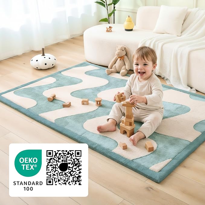 Hakuna Matte CloudRise Baby Play Mat for Floor 60" x 80" Waves | Coral Velvet high-density foam Rug for Crawling & Cozy Play – Non-Slip, Water-Resistant, Easy-CareTummy Time Mat
