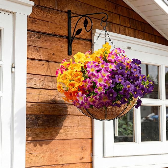 Artificial Flowers for Outdoors Fake Plants Outside, 16 Bundles Silk Morning Glory with Eucalyptus, UV Resistant Realistic Faux Flowers for Planters Porch Patio Garden Balcony Decor (4 Color)