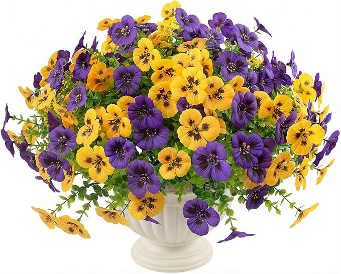 Rowfad 36 Pcs Artificial Fake Pansy Flowers for Outdoor, Faux UV Resistant Silk Pansies Flowers for Outside Planter Front Door Porch Yard Patio Window Box Home Decor (36, Yellow,Purple)