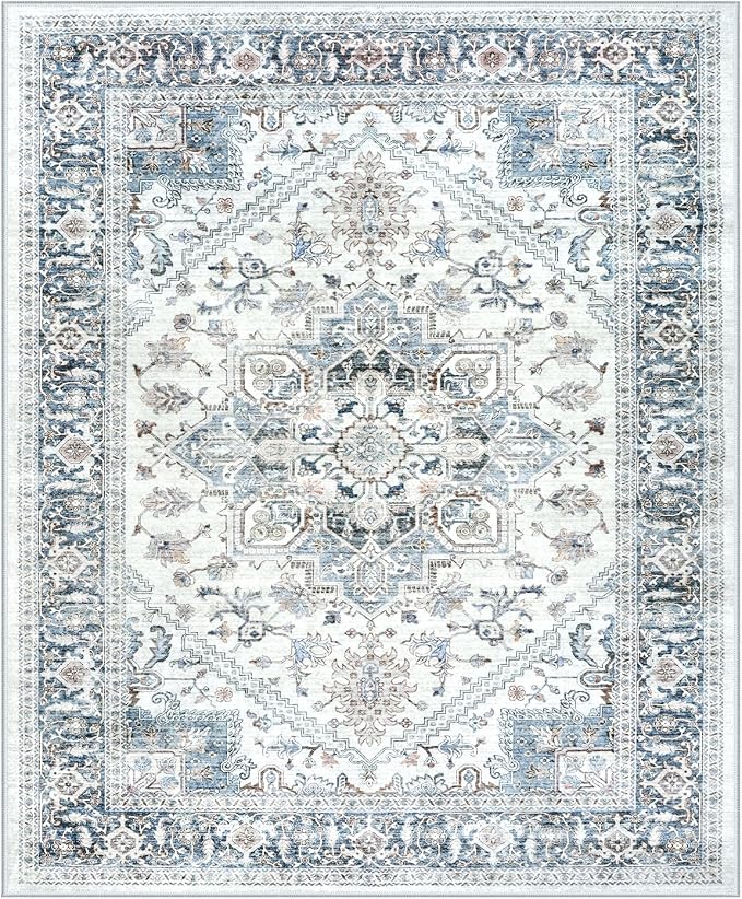 LIVEBOX Washable Area Rug 8x10 - Large Blue Vintage Tribal Living Room Rug Oriental for Bedroom, Non-Slip Retro Medallion Carpet Print Distressed for Dining Room Guest Office