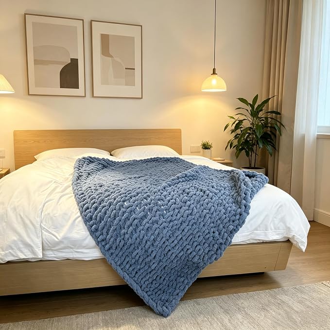 Soft Chunky Knit Throw Blanket for Couch, Cozy Warm Knitted Blankets | Hand Knit with Jumbo Chenille, Lightweight Warm Fluffy Decor for Women, Mom, Her & Girls, Sofa, Chair, Bed,40"×60"(Airy Blue)