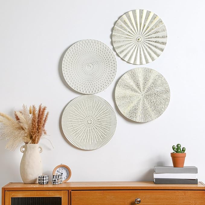 Hicarer 4 Pcs 12 Inch Metal Wall Art Decor Sunburst Hanging Metal Artwork Decor Wall Art Decorations for Home Living Room Office Gift for Christmas(White Gold)