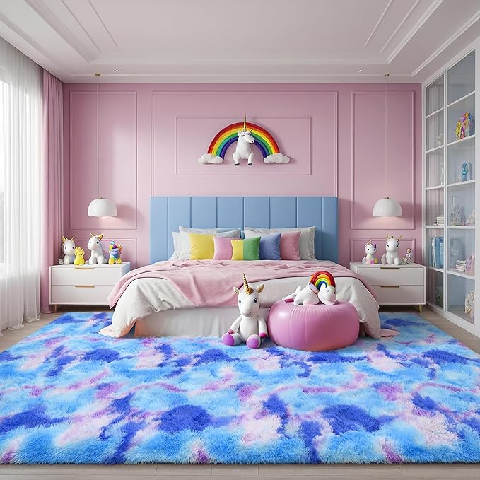 AROGAN Soft Rainbow Area Rugs for Girls Room 5x8 Feet, Fluffy Cute Colorful Princess Carpet for Kids Teens Nursery Toddler,Bedroom Blue and Purple