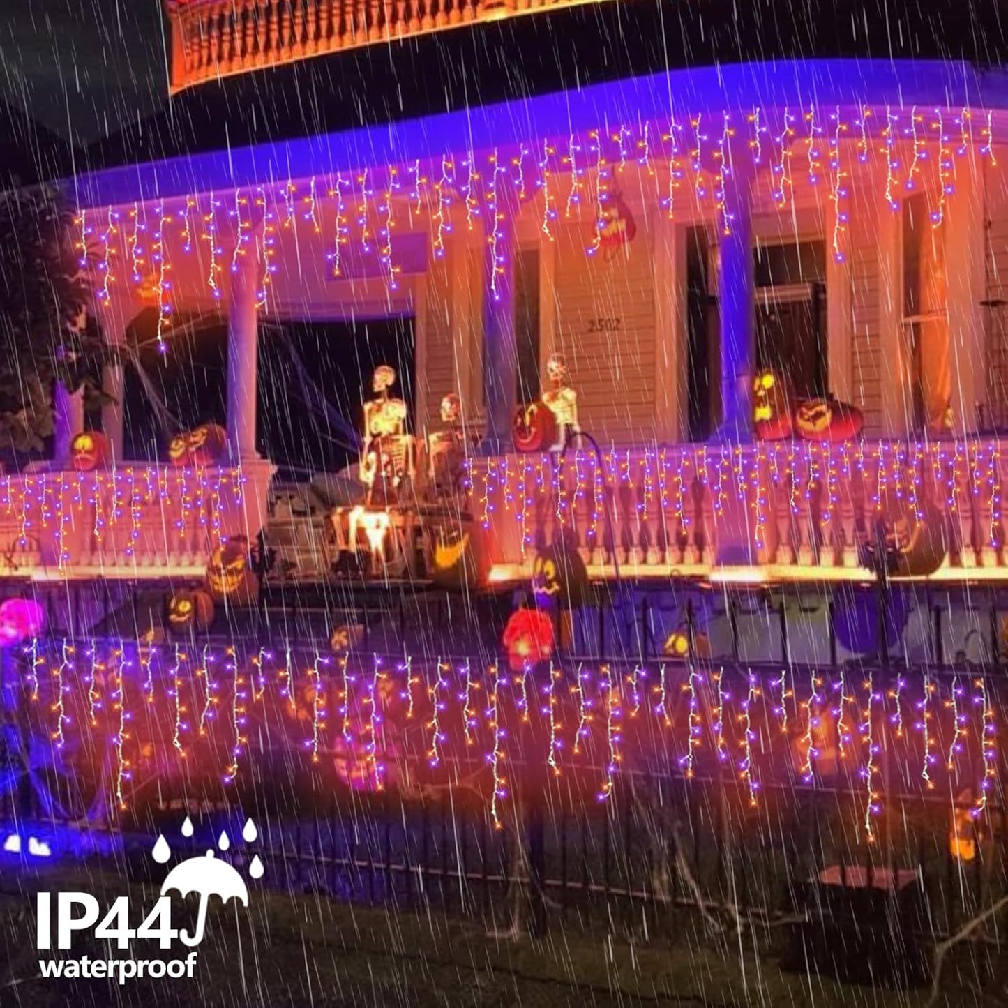 QITONG Orange and Purple Halloween Lights Outdoor, 33ft 400 LED Icicle Light Indoor Plug in, 8 Modes Connectable String Lights with 80 Drops