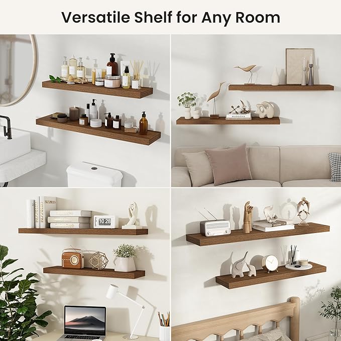 Fun Memories Rustic Wood Floating Shelves for Wall, Space-Saving Wall Mounted Shelves for Bathroom, Bedroom, Living Room and Kitchen, Stylish Storage & Display (Set of 4, Walnut, 9.3 in)