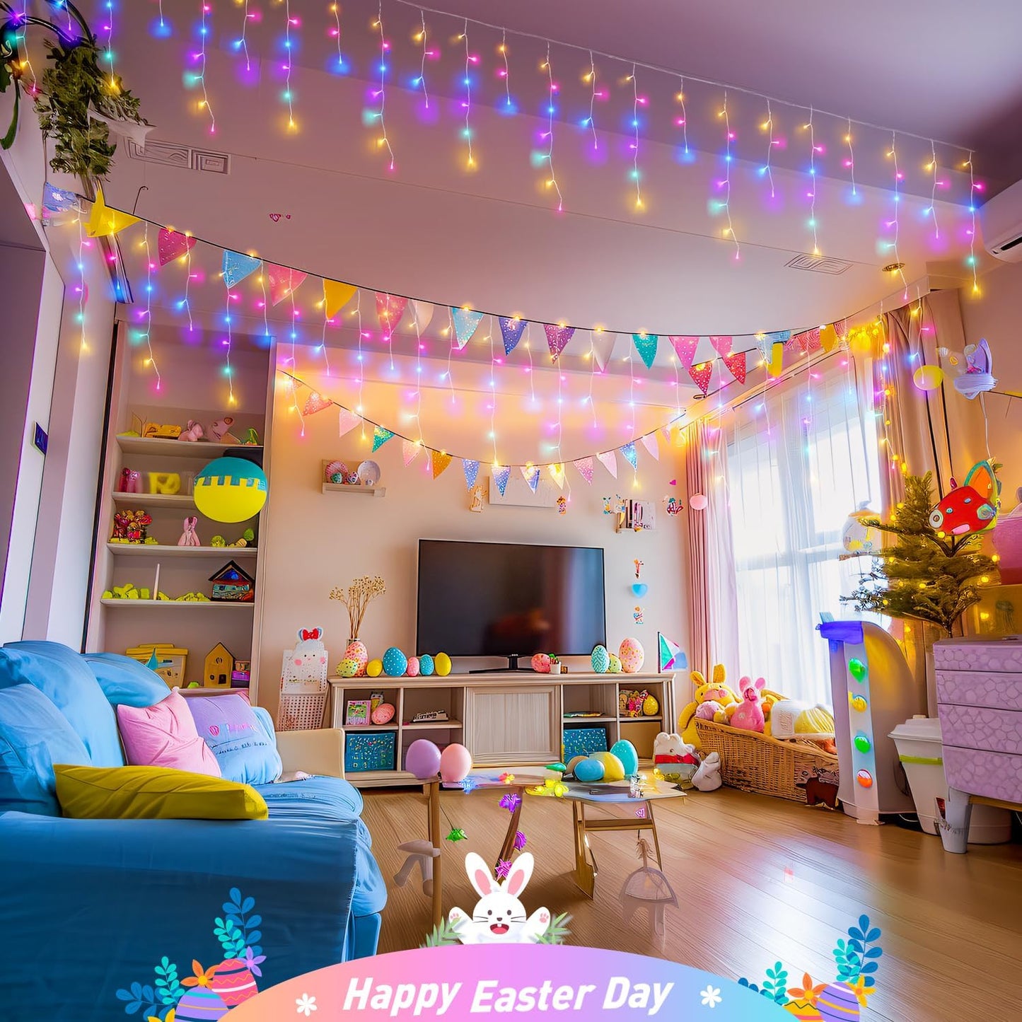 JMEXSUSS 400 LED 38.8 FT Easter Lights String Outdoor, Connectable Pastel Icicle Lights Indoor Outdoor for Easter Spring House Garden Party Decorations