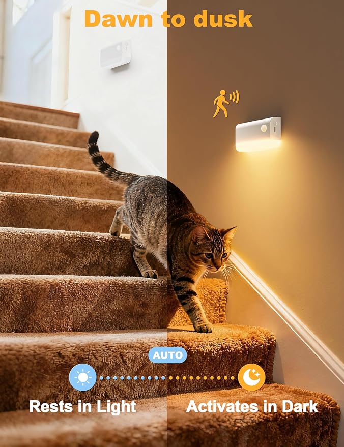 VOLISUN Motion Sensor Night Light, Rechargeable Stair Lights Indoor, Battery Operated Night Light for Hallway, Stairway, Bathroom, Bedroom, Kitchen, 3 Modes & 3 Color Temperatures(3 Pack White)