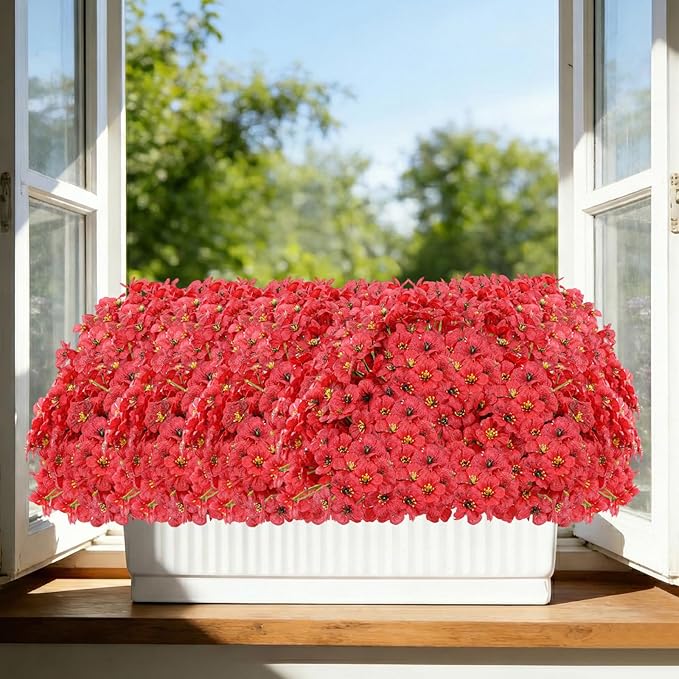 Powbrace 60 Pack Artificial Flowers for Outdoor Indoor Fake Plants, Faux Silk Flowers for Outdoors Outside Front Porch Hanging Planter Window Box Garden Spring Decoration(Red)