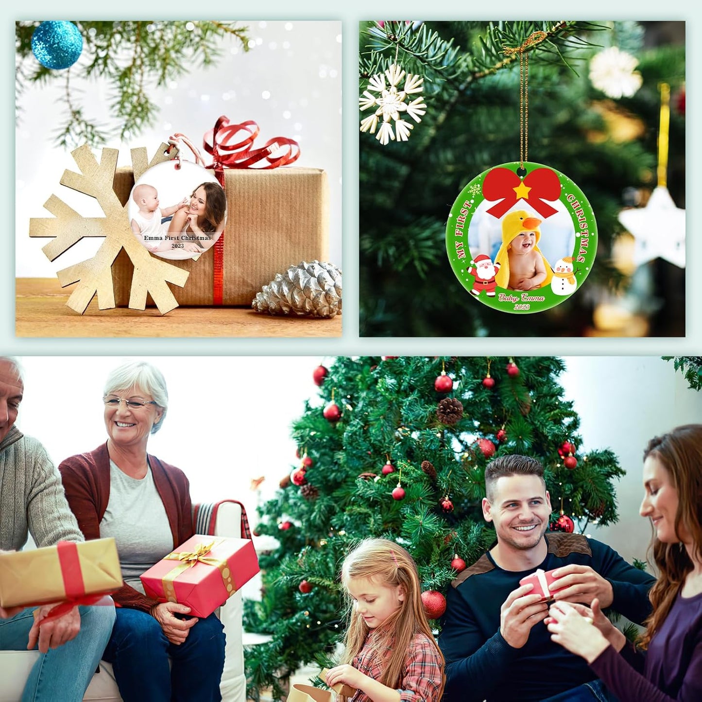 Personalized Baby's First Christmas Ornament 2025, Ceramic Custom Photo Text Christmas Ornament Customized Photo Ornament Christmas Tree Decorations Gift for New Parents Mom Dad Newborn Baby