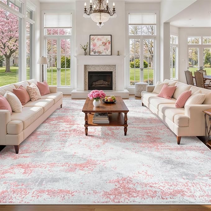 9x12 Area Rugs for Living Room Rug Washable: Abstract Large Rug for Dining Room Bedroom Carpet Non Slip 9 by 12 Indoor Modern Nursery Home Office Pink