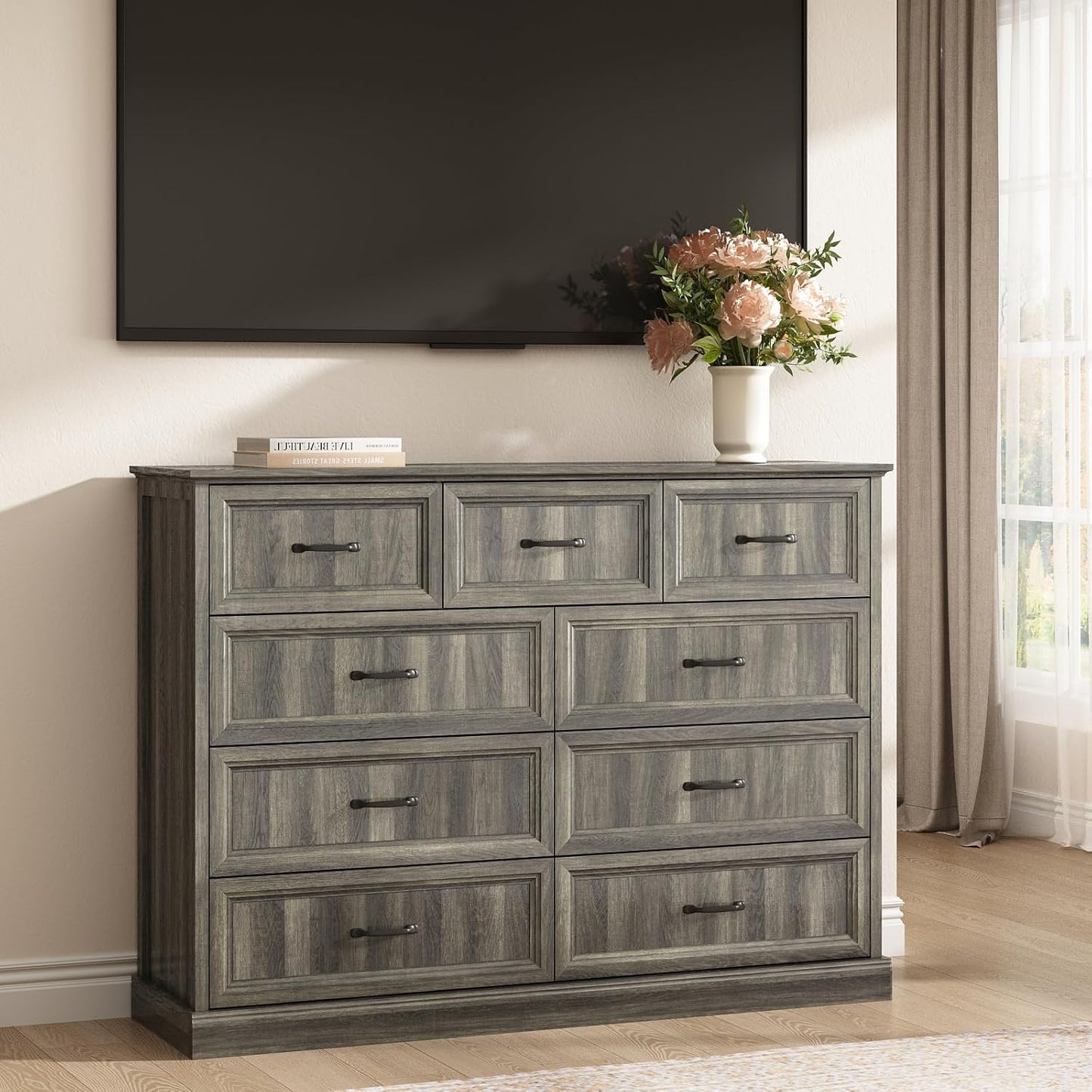 CARPETNAL Farmhouse 9 Drawer Dresser for Bedroom, 55 Inch Wide Modern Grey Dresser TV Stand with Large Drawers & Bar Handles, Rustic Wood Chest of Drawers for Bedroom, Living Room, Hallway, Entryway.