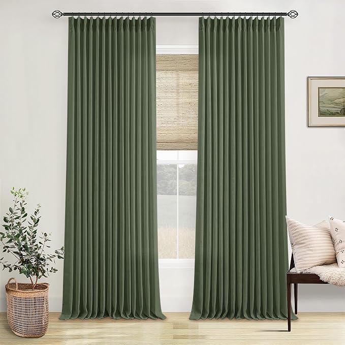 TWODRAPES Olive Green Pinch Pleated Linen Curtains 92 Inches Long 2 Panels for Living Room Bedroom Semi Sheer Pinch Pleat Drapes with Hooks Rings Boho Farmhouse Light Filtering Window Curtain 40x92