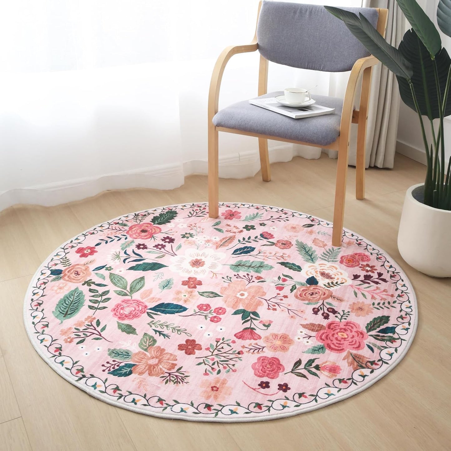 Round Rug 4ft Washable Circle Rug Non Slip Low Pile Boho Floral Small Circular Rug for Bedroom, Bathroom, Entryway, Kids Room, Office, College Dorm(Pink)