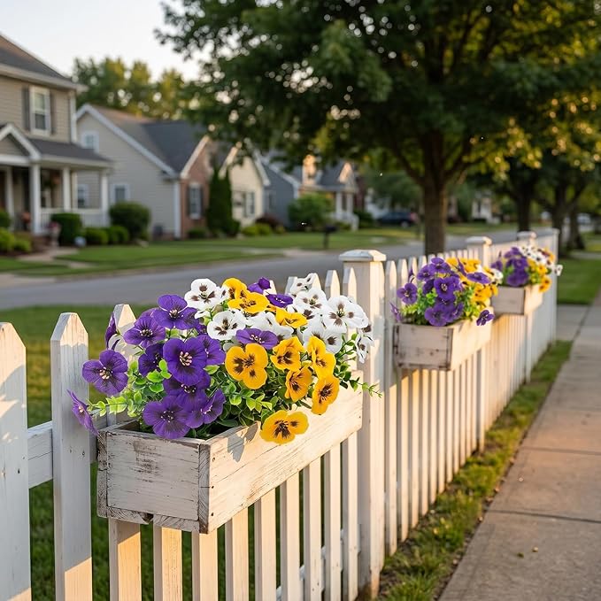 Rowfad 18 Pcs Artificial Fake Pansy Flowers for Outdoor, Faux Silk Pansies Spring Flowers for Outside for Planter Front Door Porch Yard Patio Window Box Home Decor (18, Purple, Yellow, White)