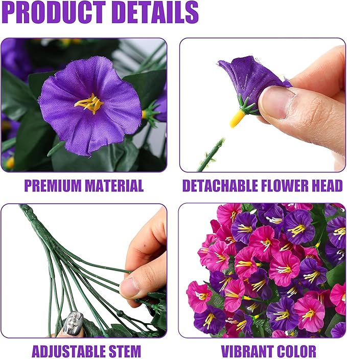 Artificial Fake Hanging Flowers Plants for Outdoor Outside Spring Summer Decoration 4PCS Faux Silk UV Resistant Realistic Morning Glory Trailing Vines for Home Porch Patio Balcony(Purple & Magenta)
