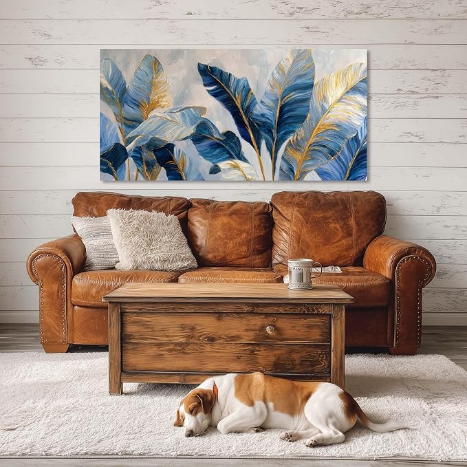 Ggaafet Navy Blue Leaves Wall Art for Bedroom Canvas Painting Prints Botanical Boho Abstract Gold Leaf Art Deco Modern Artwork Office Family Dining Room Decor