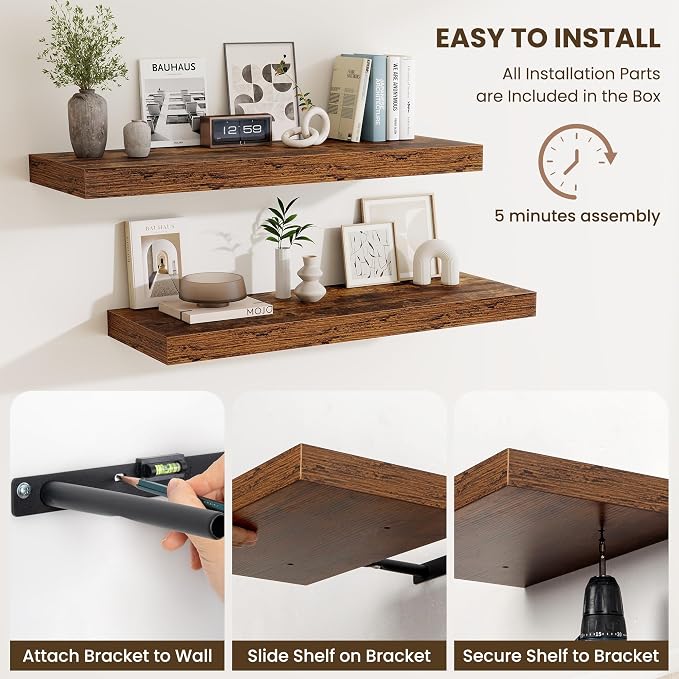 55 Inch Floating Shelves for Wall - 12 Inch Deep Fireplace Mantel Shelf - Wood Floating Shelf for Wall - Large Storage Shelves Wall Mount for Living Room & Bedroom - Rustic Brown - Set of 2