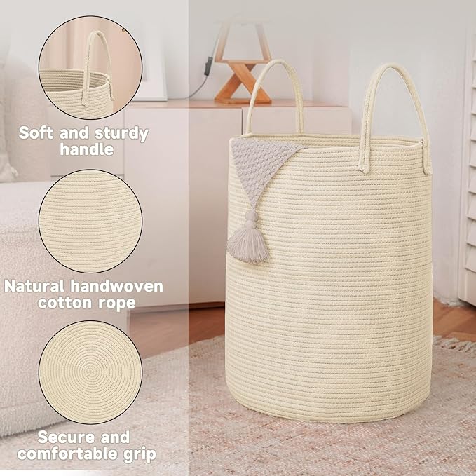 JMvicyroam Large Woven Laundry Basket Hamper,100L Cotton Rope Storage Bin for Blankets,Toys and Clothes,Decorative Tall Nursery Hamper for Living Room,Baby Nursery,Bathroom and Bedroom,Beige