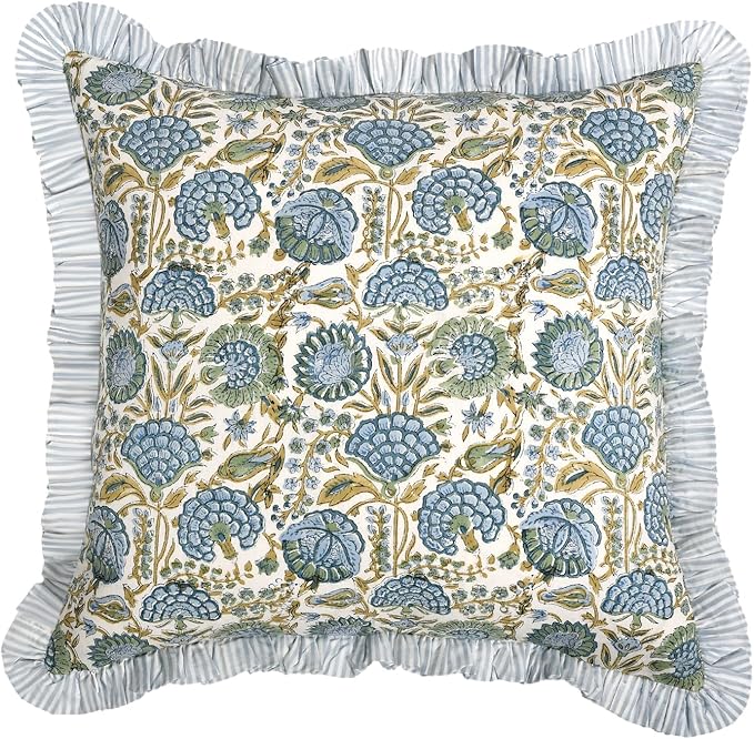 Ridhi Block Print Asparagus Green Throw Pillow Cover 24" x 24" (Pack of 2) Decorative Cushion Covers with Ruffle for Couch, Sofa, Bed, Living Room, Home Decor Gift for Spring, Easter, Valentine