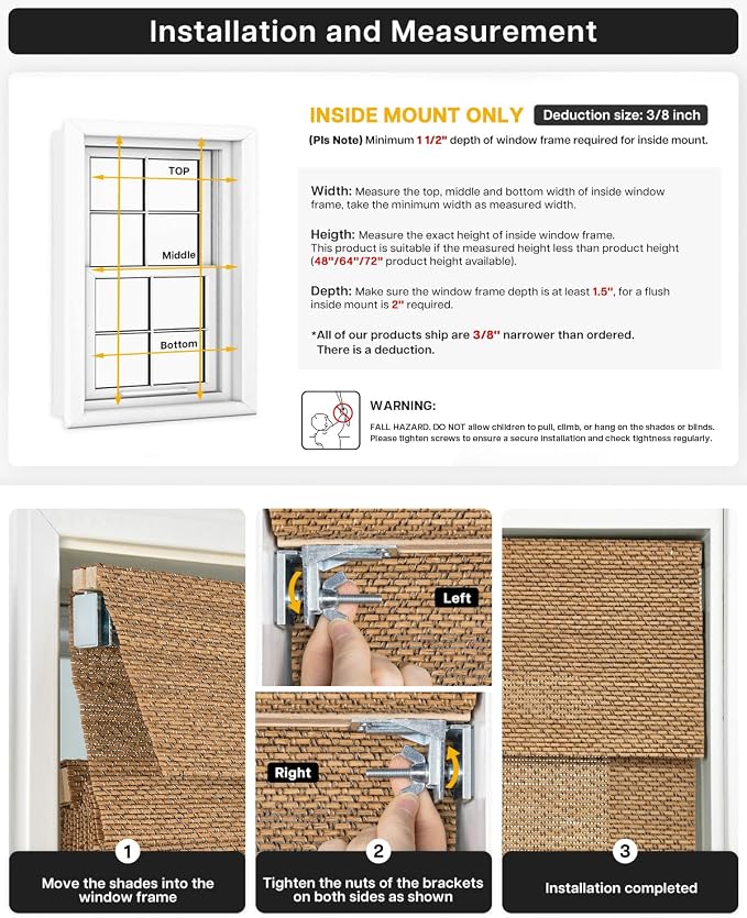 LazBlinds No Drill Cordless Bamboo Roman Shades, Light Filtering Blinds for Indoor Windows, Roll Up Bamboo Blinds for Home, 34.5" W x 64" H, Star-Beige