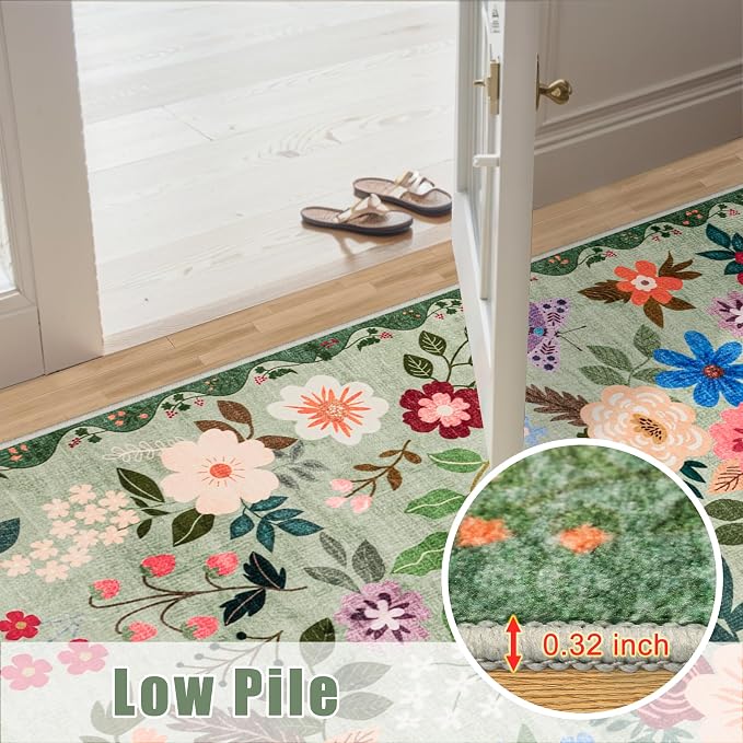 Runner Rug for Entryway: 2.6x8 Kitchen Rugs Non Slip Washable Ultra-Thin Soft Floral Carpet Indoor Floor Stain Resistant Carpets for Hallway Bedroom Kitchen Laundry Bathroom Dorm Green