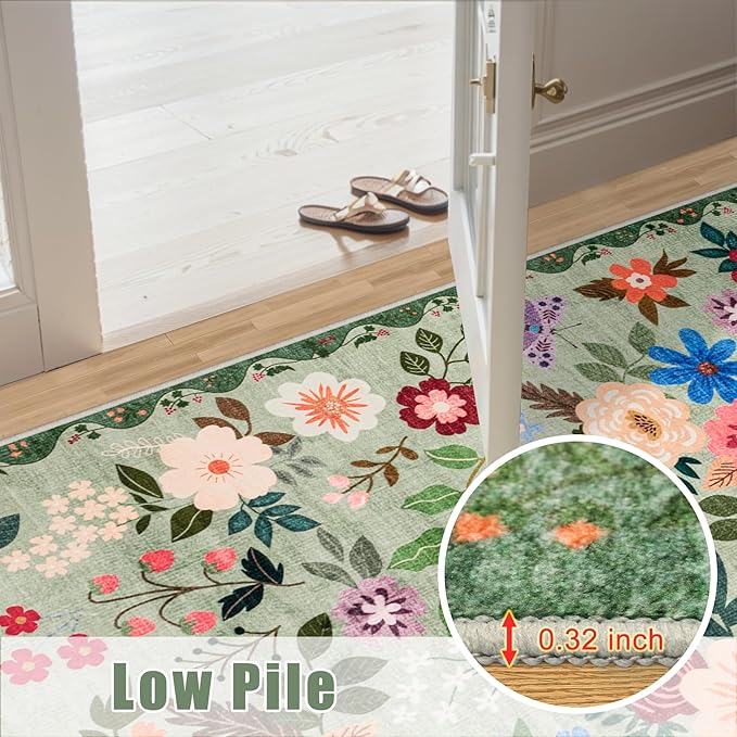 Area Rug Living Room Rugs: Floral 4x6 Washable Rug Vintage Soft Boho Non-Slip Carpet Indoor Floor Stain Resistant Large Carpets for Bedroom Dining Room Farmhouse Nursery Hallway Home Office Green