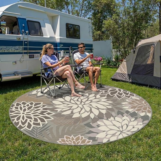 6x6 Outdoor Area Rug Washable Multicolored Patio Rug Tropical Botanical Floral Chenille Waterproof Outdoor Carpet for Living Room, Deck, Backyard, Porch, Taupe