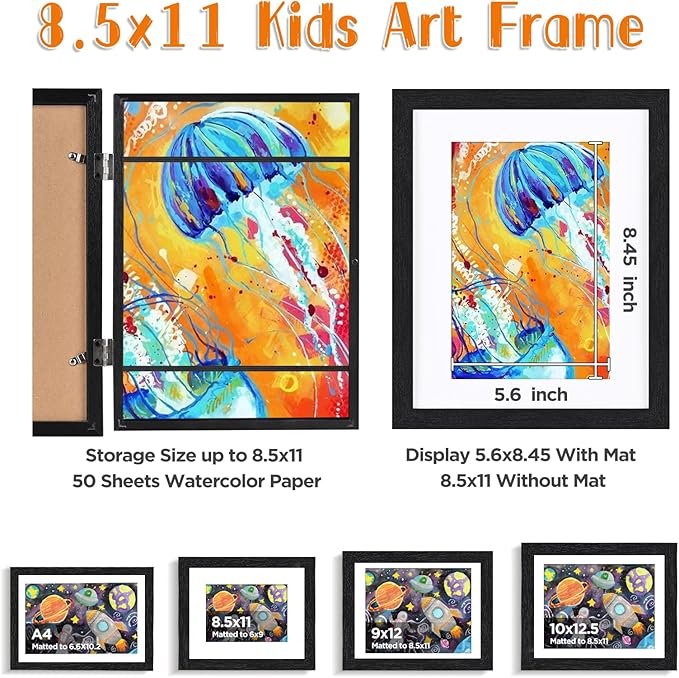 KINLINK 8.5x11 Kids Art Frame Set of 2, Solid Wood Kids Artwork Frames Changeable with Front Opening Hold 150 Pictures, Art Frames for Kids Art with Mat,without Mat 8.5x11 Picture Frame Black