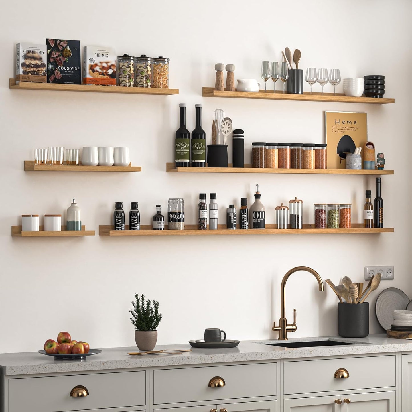 Heimlove Picture Ledge Shelf, Floating Shelves Set of 2, 56 Inches Picture Shelf for Wall with Ledge, Kids Bookshelf Wall Mounted for Living Room Bedroom Decor Books Photo Frames, Natural Oak