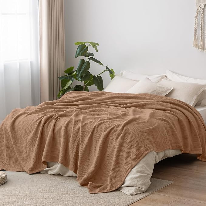 PHF 100% Cotton Muslin Blanket King Size 108"x90", 4-Layer Lightweight Gauze Throw, Breathable Cloud-Soft Minimalist Blanket for Bed, Couch, Camping & Baby, Clay, Ideal Gift