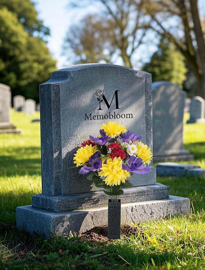 Artificial Memorial Flowers for Cemetery: 2 Pcs Cemetery Flowers for Grave Decorations - Realistic Yellow Mums Purple Iris Bouquets with Vases for Gravisite Outdoor