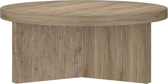 Henn&Hart 36" Fluted Round Low-Profile Coffee Table with Ribbed Pedestal Base for Living Room, Family Room, or Office, Weathered Gray