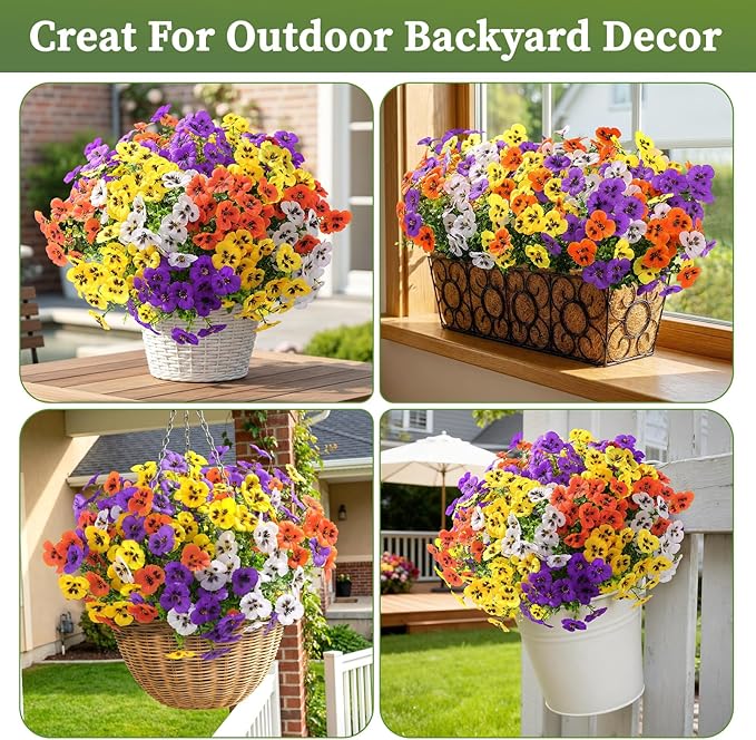 Alupssuc 24 Bundles Artificial Flowers for Outdoors, Fake Spring Flowers for Decoration, UV Resistant Realistic Pansies with Eucalyptus Silk Faux Flowers for Porch Yard, Purple Yellow White Orange