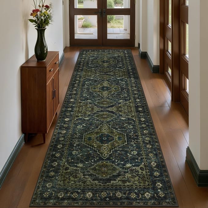 Tangsoo 2x8 Washable Runner Rug for Hallways, Non Slip Vintage Runner Rug, Soft Low Pile Long Rug Runner, Print Distressed Green Carpet Runners for Kitchen Bedroom Entryway Bathroom Living Room