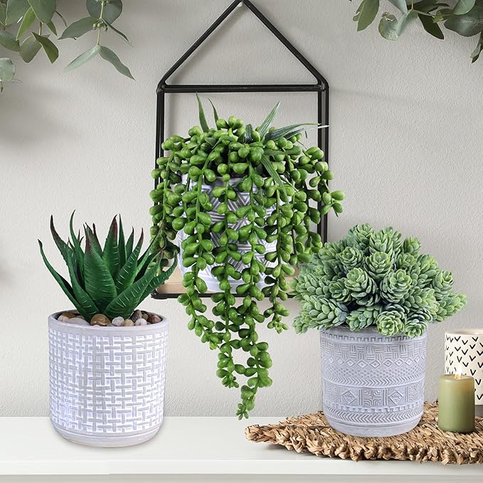 Set of 3 Assorted Small Potted Succulent Plants Fake Aloe String of Pearls Hops Succulents in Gray Geometric Concrete Ceramic Pots for Gifts Modern Home Office Desk Table Indoor Outdoor Greenery Decor