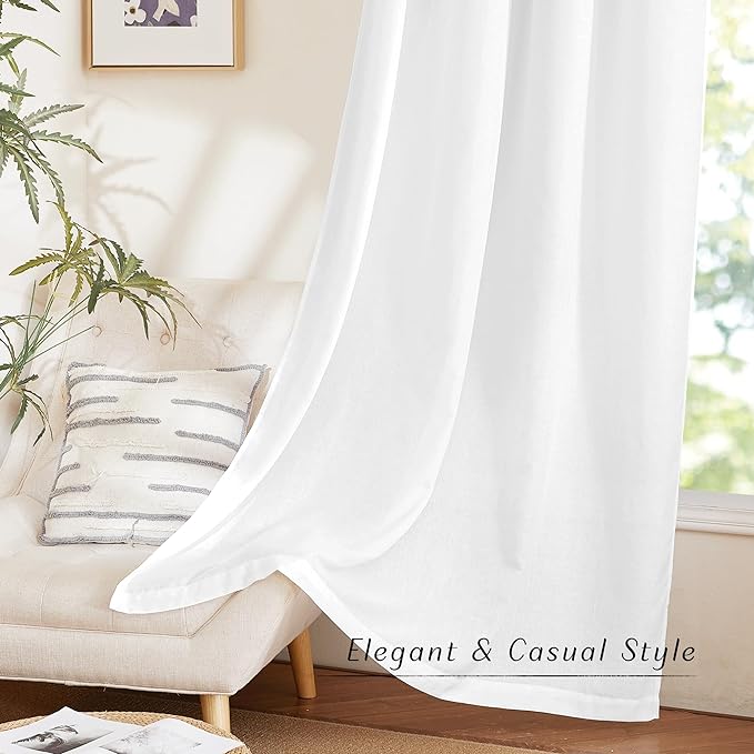 NICETOWN Linen White Curtains 96 inches Long for Farmhouse, Grommet Thick Linen Flax Drapes Privacy Added with Light Filtering Window Treatments for Bedroom/Living Room, W55 x L96, 2 Panels