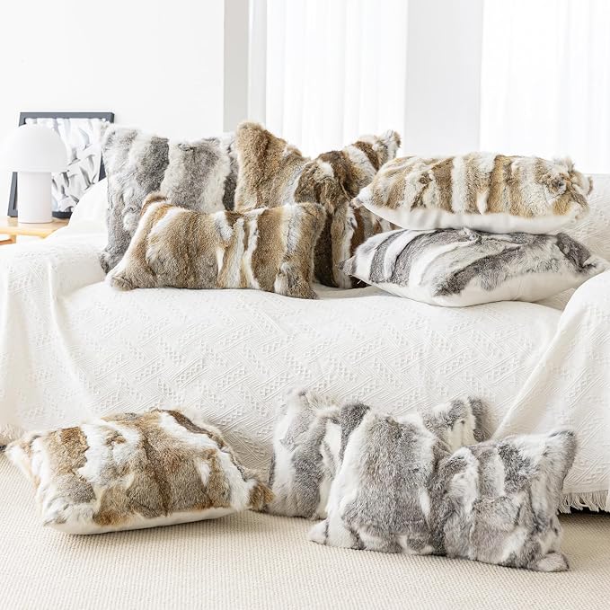 MOOX Rabbit Fur Pillow Covers Set of 2 Fur Throw Lumbar Decorative Pillow Fuzzy Soft Fluffy Genuine Animal Skin 18"x18" Sofa Couch Bed Cover, Couch-Grey White