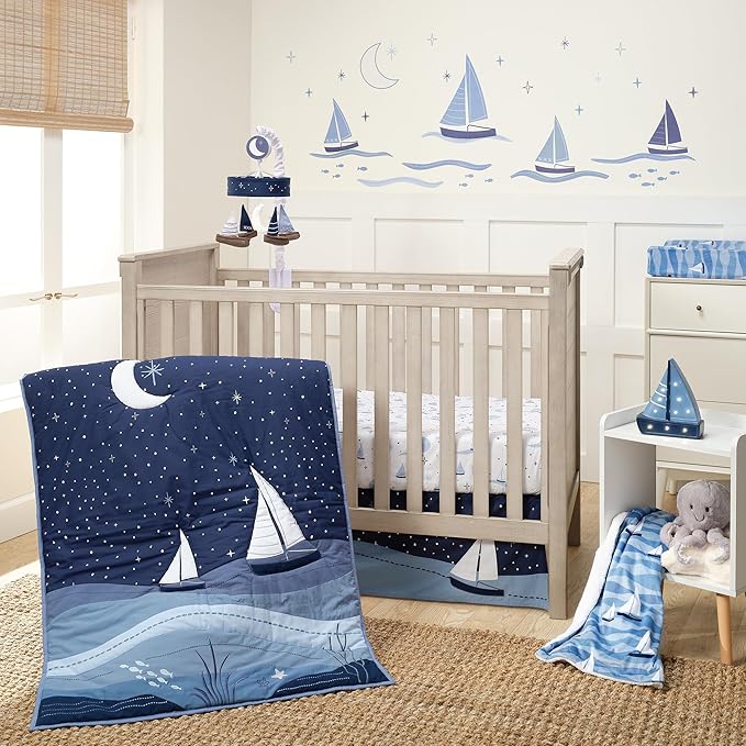 Lambs & Ivy Little Skipper Sailboat & Moon Musical Baby Crib Mobile Soother Toy